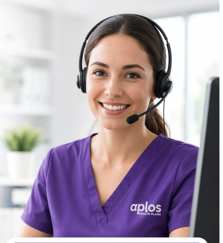 An Aplos team member on a headset at her desk