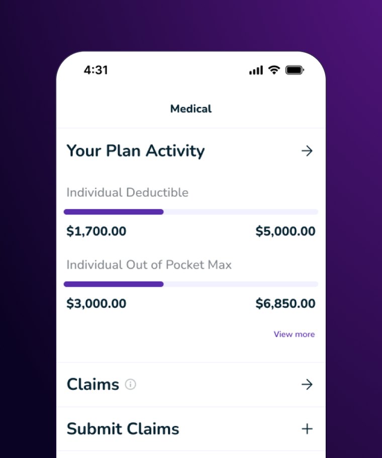 Member portal screen showing deductible and out-of-pocket progress, claims and submit claims