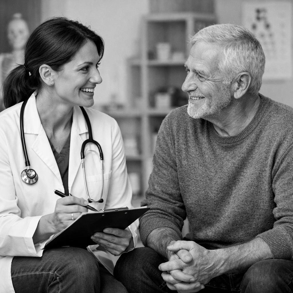 A physician talking with an older patient during a visit