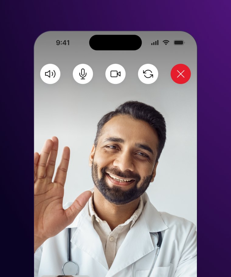 Member portal screen showing a video visit with a doctor